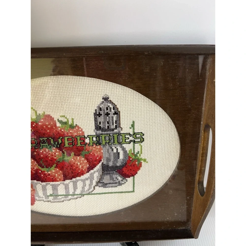 Vintage Needle‎ Point Strawberries Wooden Tray 13